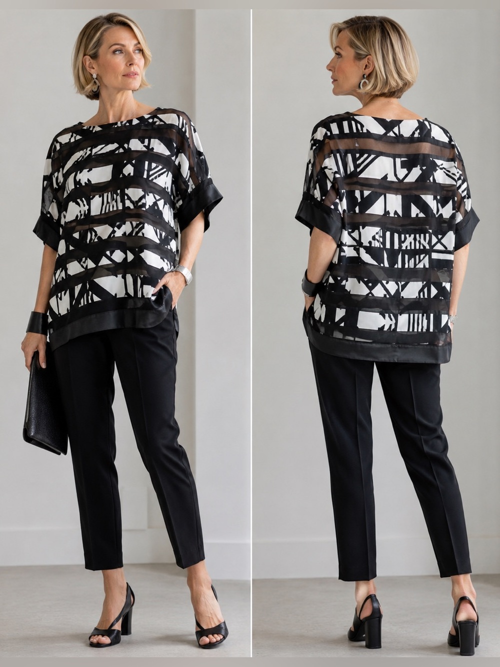 Lafayette 148 New York Silk Geometric Print Top Sheer Panel Trim Size Medium